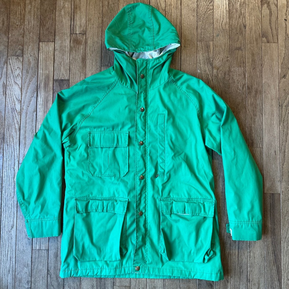Vintage Woolrich M Green Hooded Toggle Trench Rain Jacket Coat Snaps Utility
